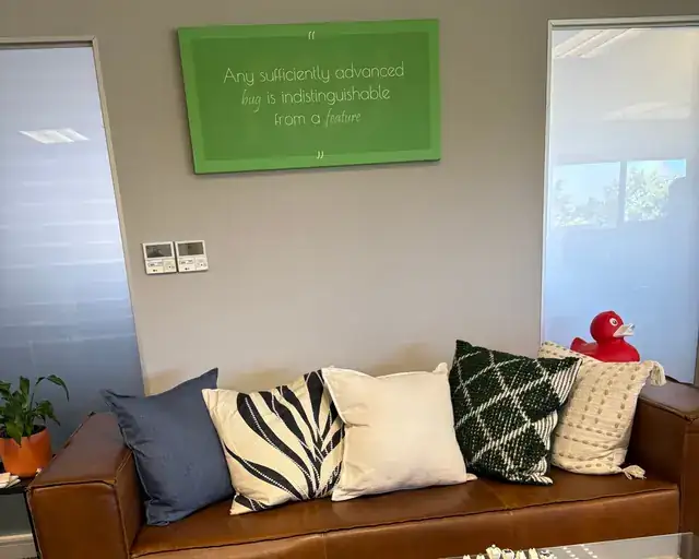 The lounge at the ik.io office, with the red rubber duck