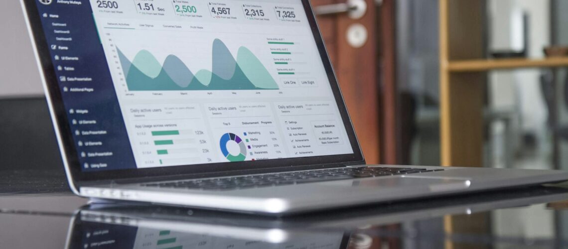 Laptop showing a business analytics dashboard with charts